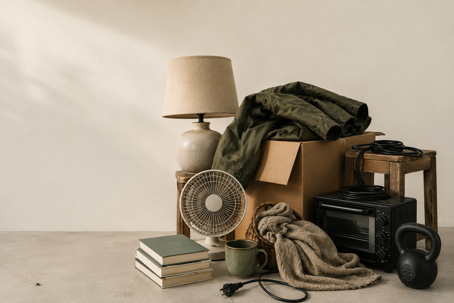 A quiet pile of everyday household objects waiting for a decision.